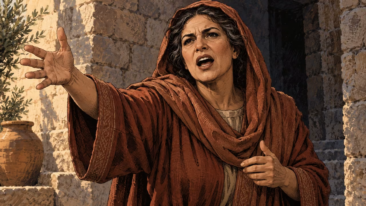 A clothed adult woman speaks loudly with an emphatic extended palm.