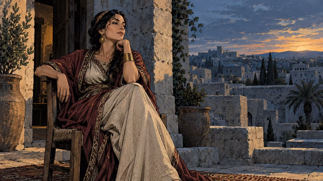 An adult woman sits in a wooden chair beside an elevated doorway overlooking city rooftops.