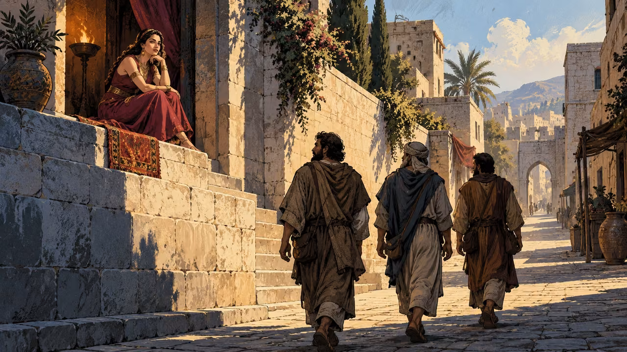 Three clothed adult travelers continue along a straight city street beneath a woman seated at an elevated doorway.