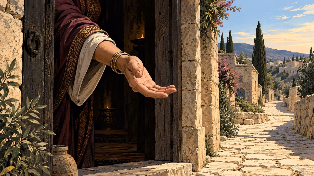 A clothed adult arm extends a beckoning open palm from a shadowed doorway above a clear road.