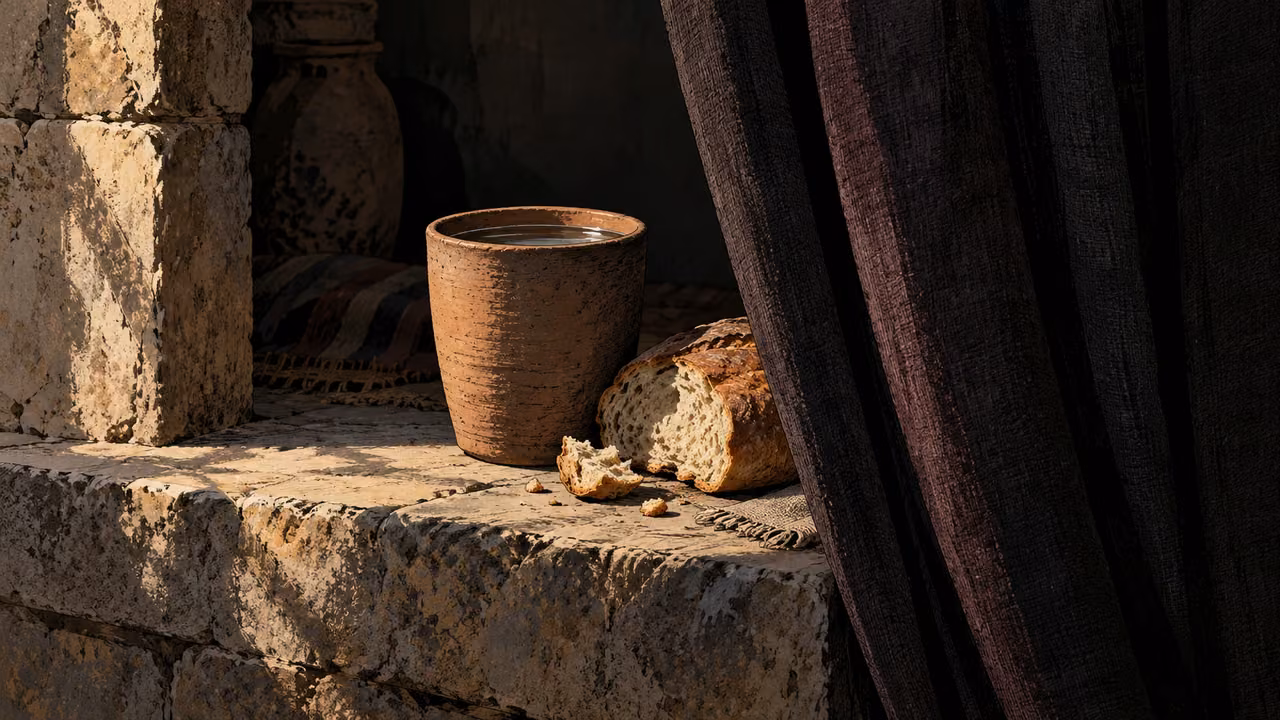 A plain cup of water and broken bread are partly concealed by a dark curtain on a stone ledge.