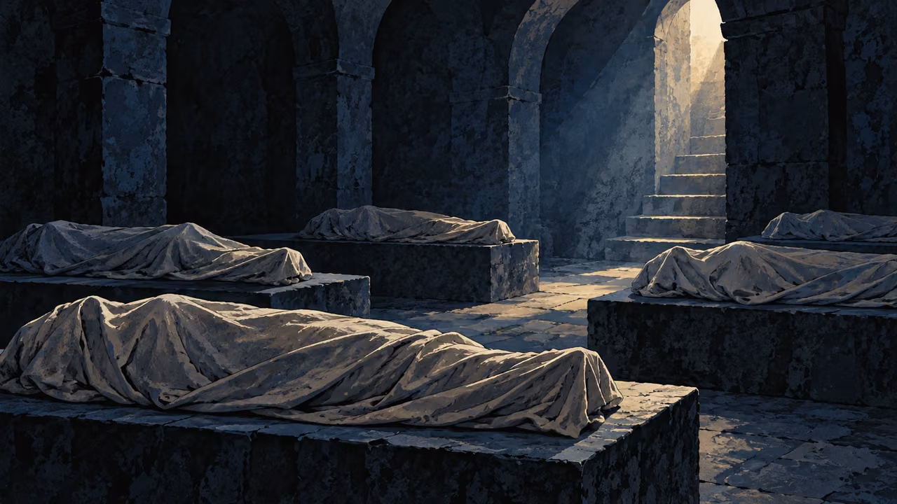 Fully covered adult-sized shrouded forms rest in a dark blue stone chamber.