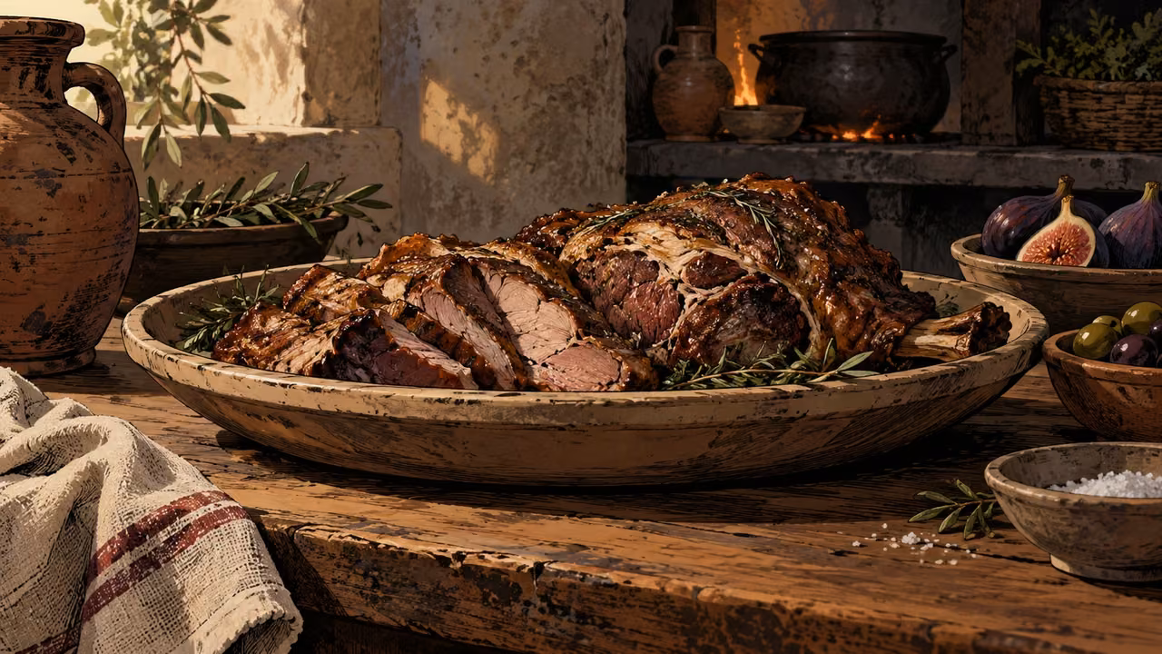 Cooked sliced meat rests on a plain platter on a preparation counter.