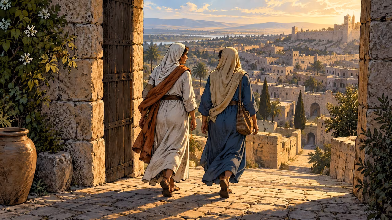 Two grown young adult women walk outward through a stone gate toward the city below.