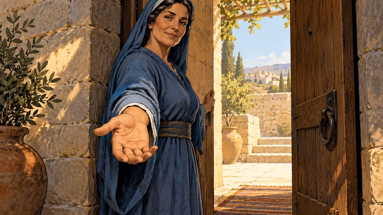 An adult woman in blue extends a welcoming open hand beside a bright doorway.