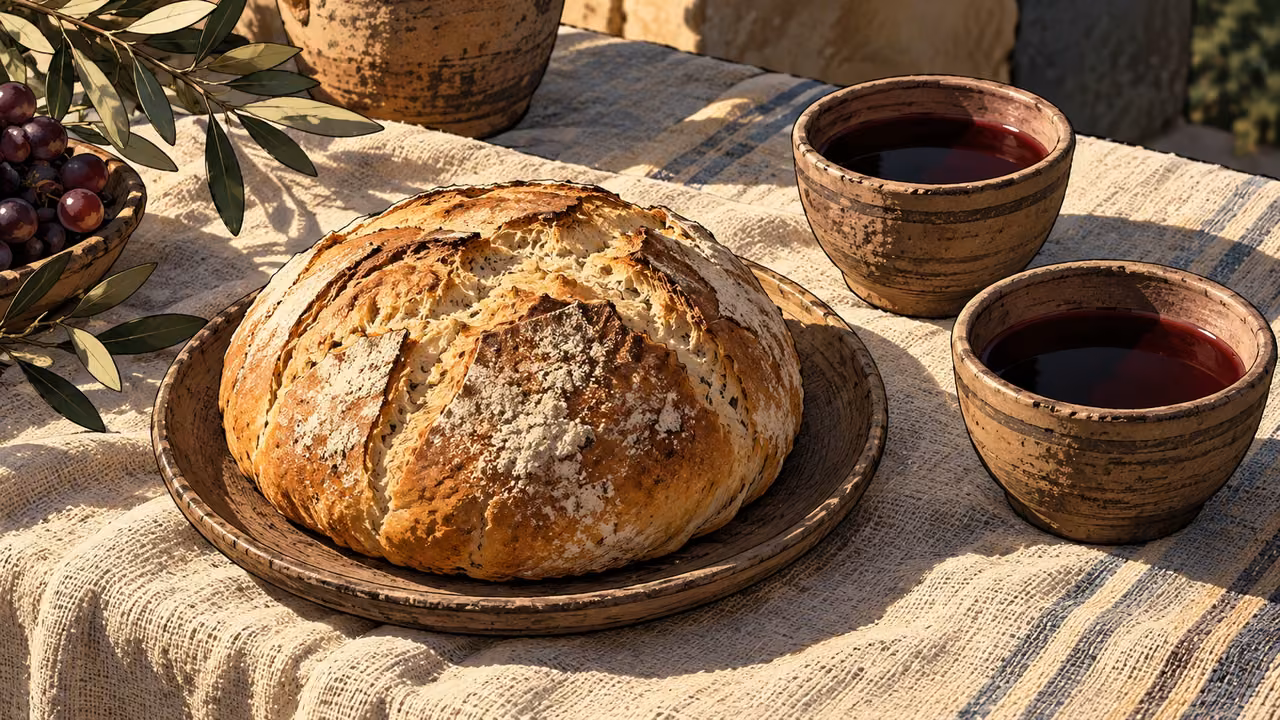 A round loaf and two earthenware cups of wine sit on woven linen.