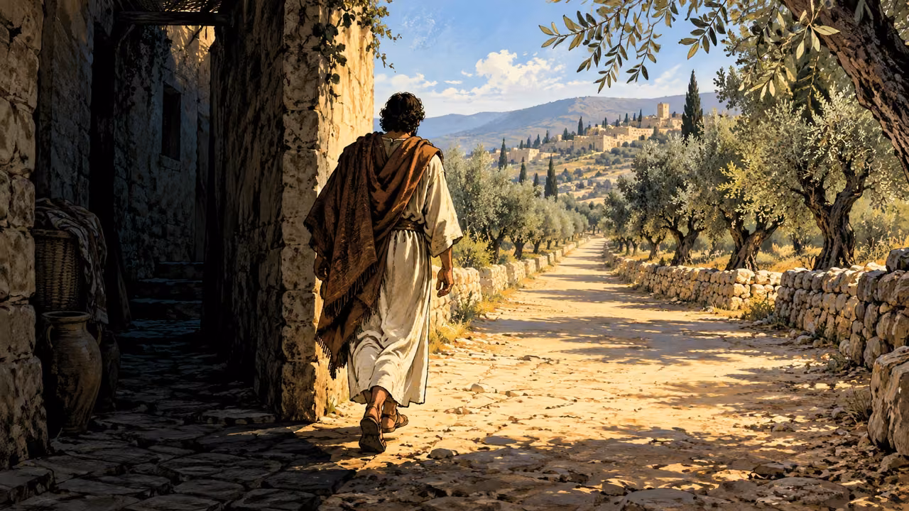 A lone clothed adult steps from a shadowed passage toward a broad olive-lined road.