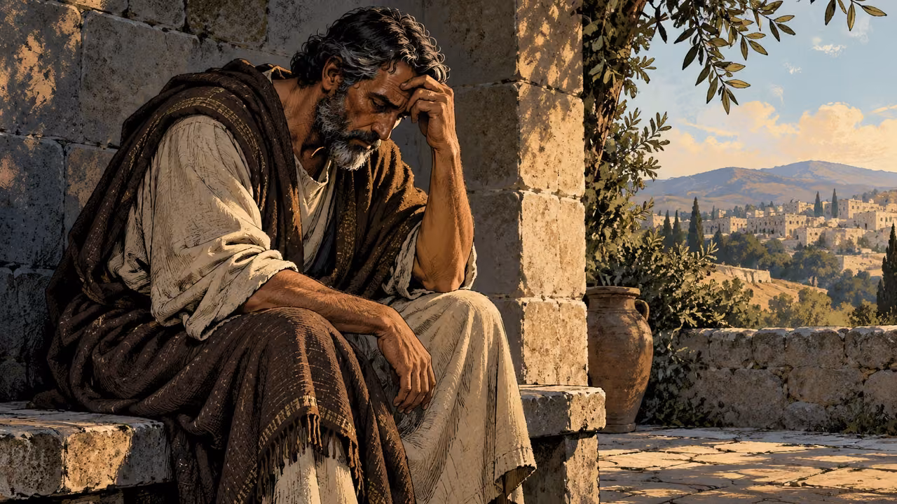 An older adult sits alone with downcast eyes and a hand against his forehead.