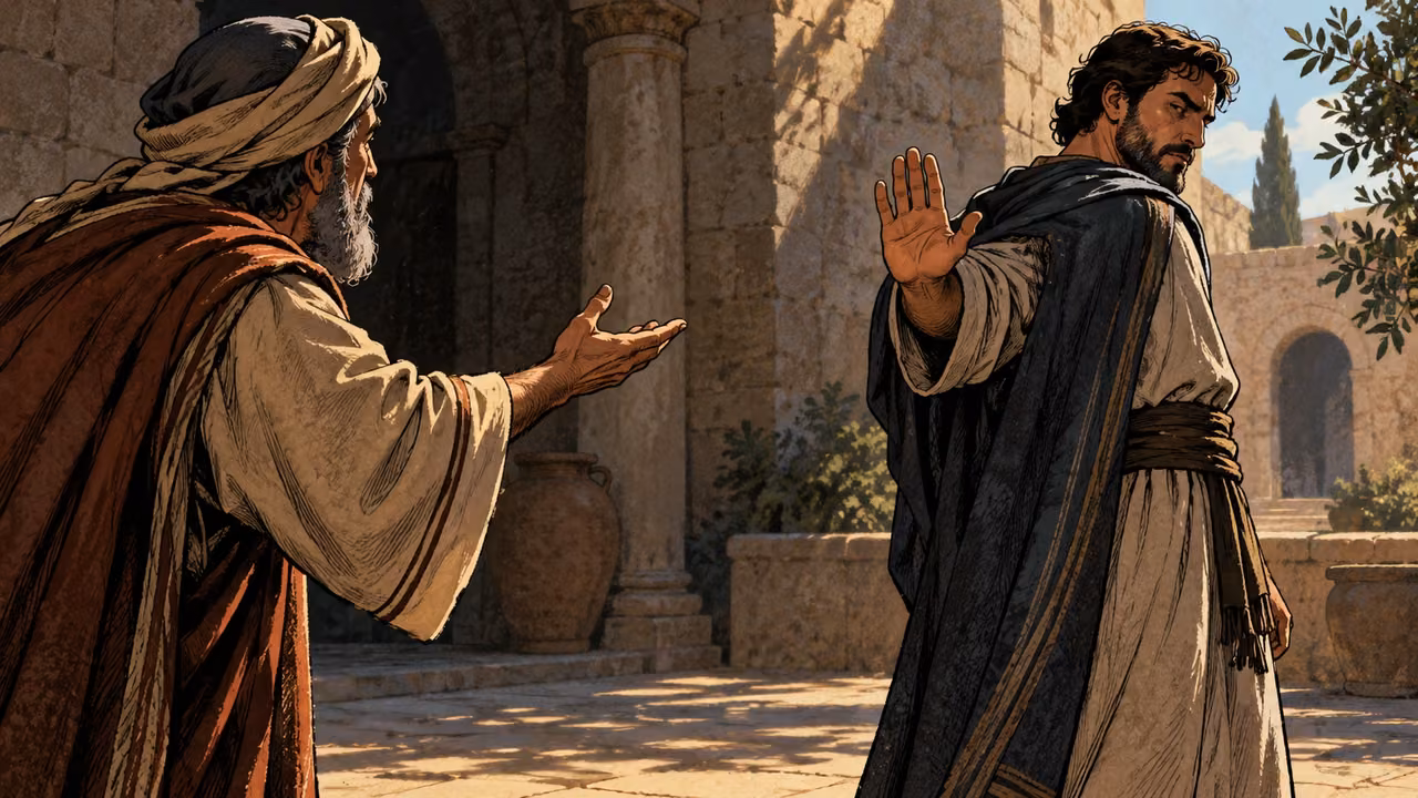 A clothed adult turns away with a raised refusing palm from an older adviser’s open hand.