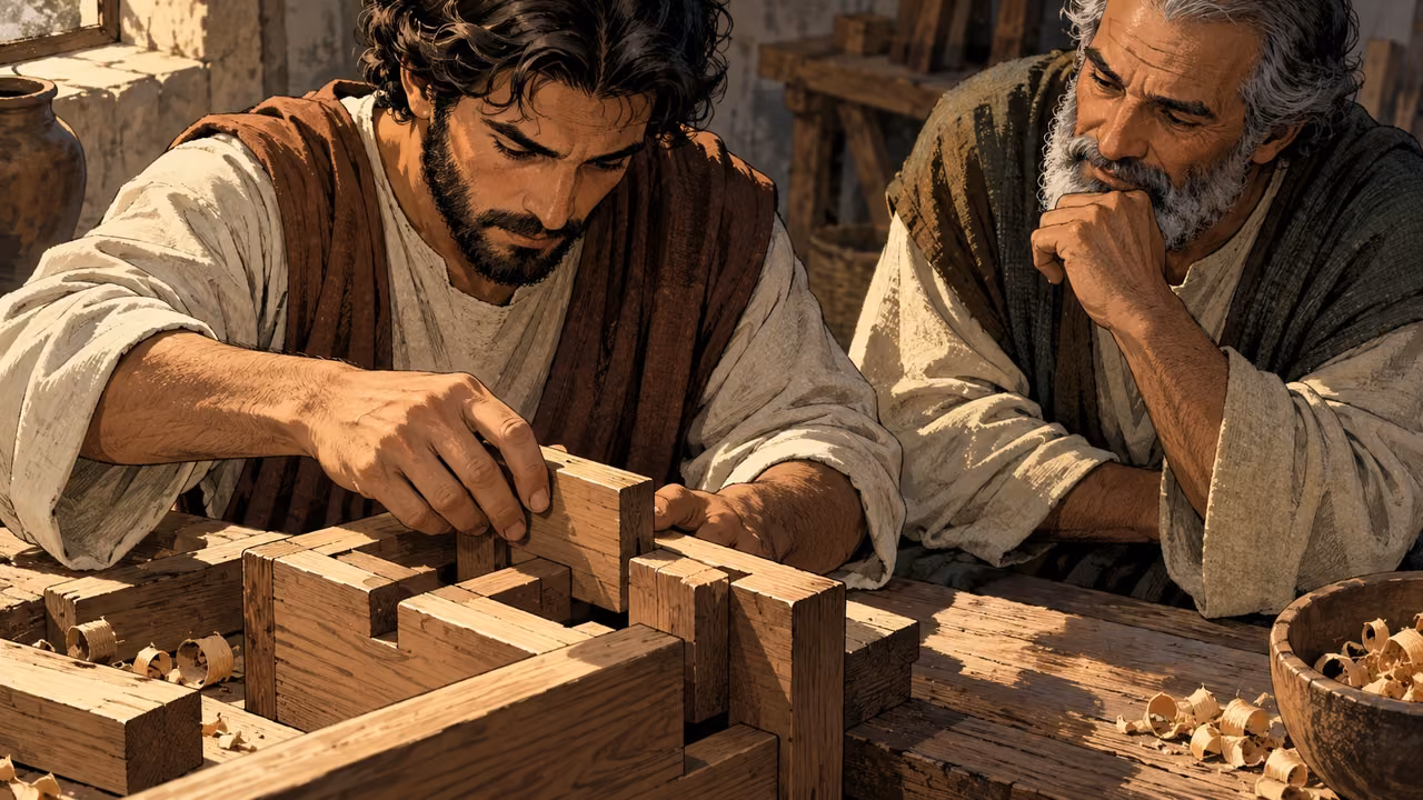 An adult learner fits a wooden piece into an interlocking structure while an older teacher observes.