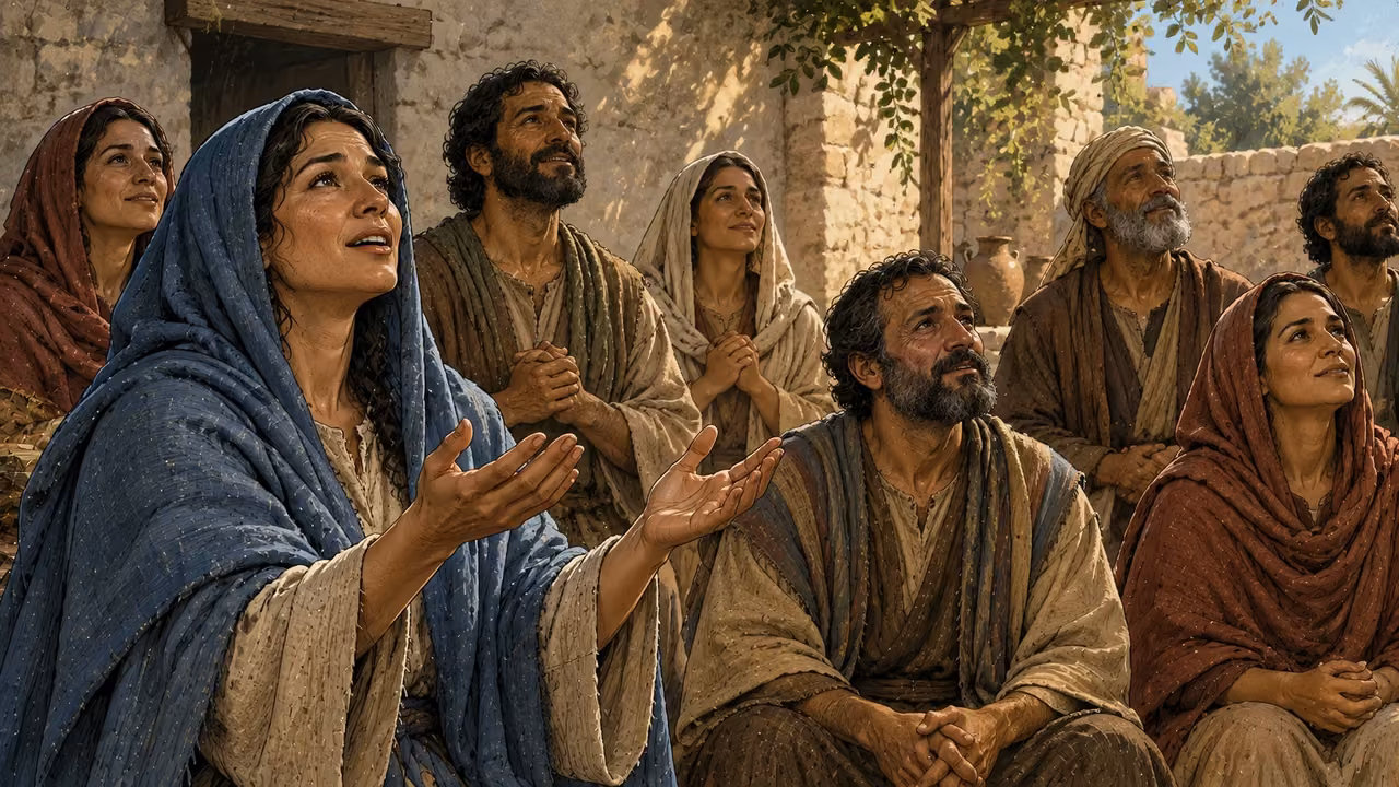An early community offers grateful praise in a modest courtyard.