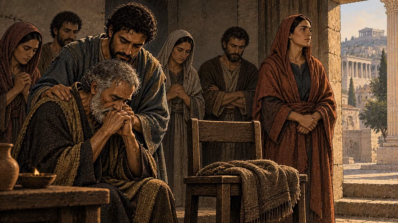 A community grieves beside an empty seat and folded cloak.