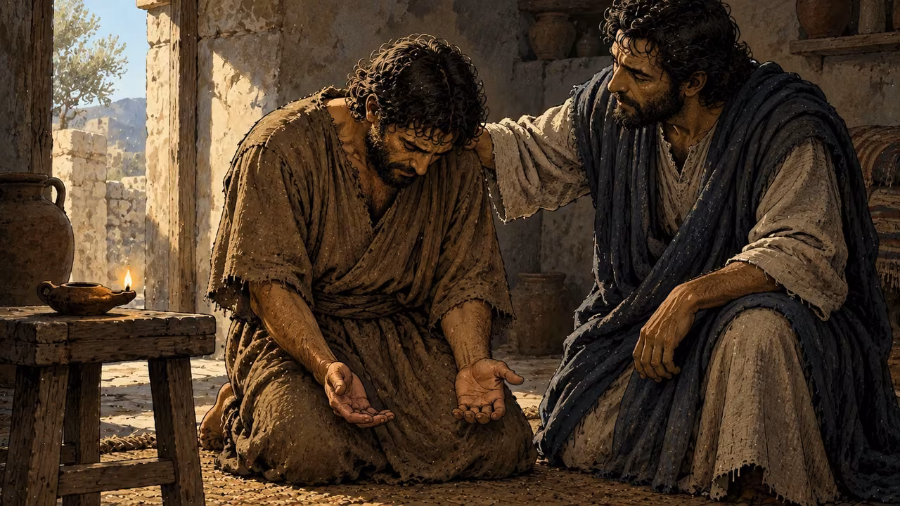 A kneeling believer prays beside a small lamp as a companion offers support.