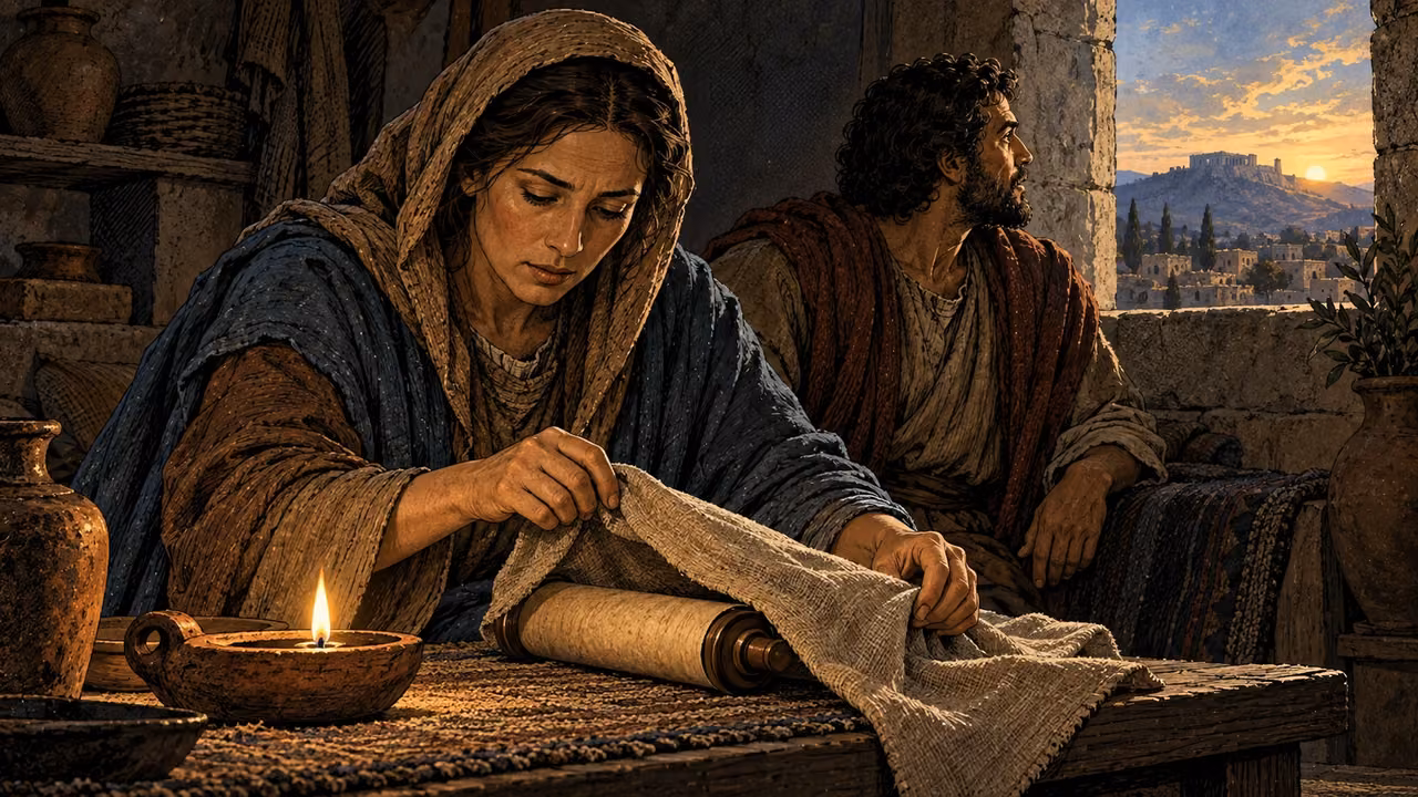 A woman uncovers a scroll as daylight enters the room.