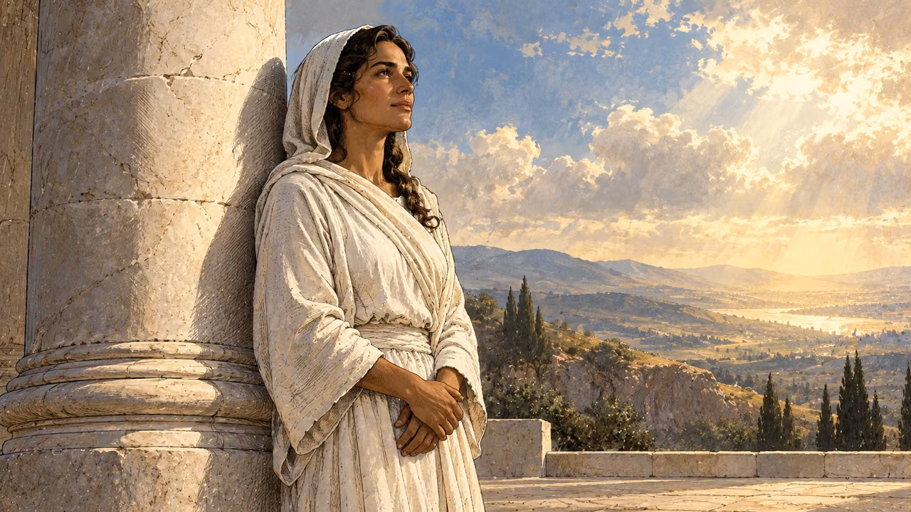 A believer in white stands beside a sturdy stone pillar.