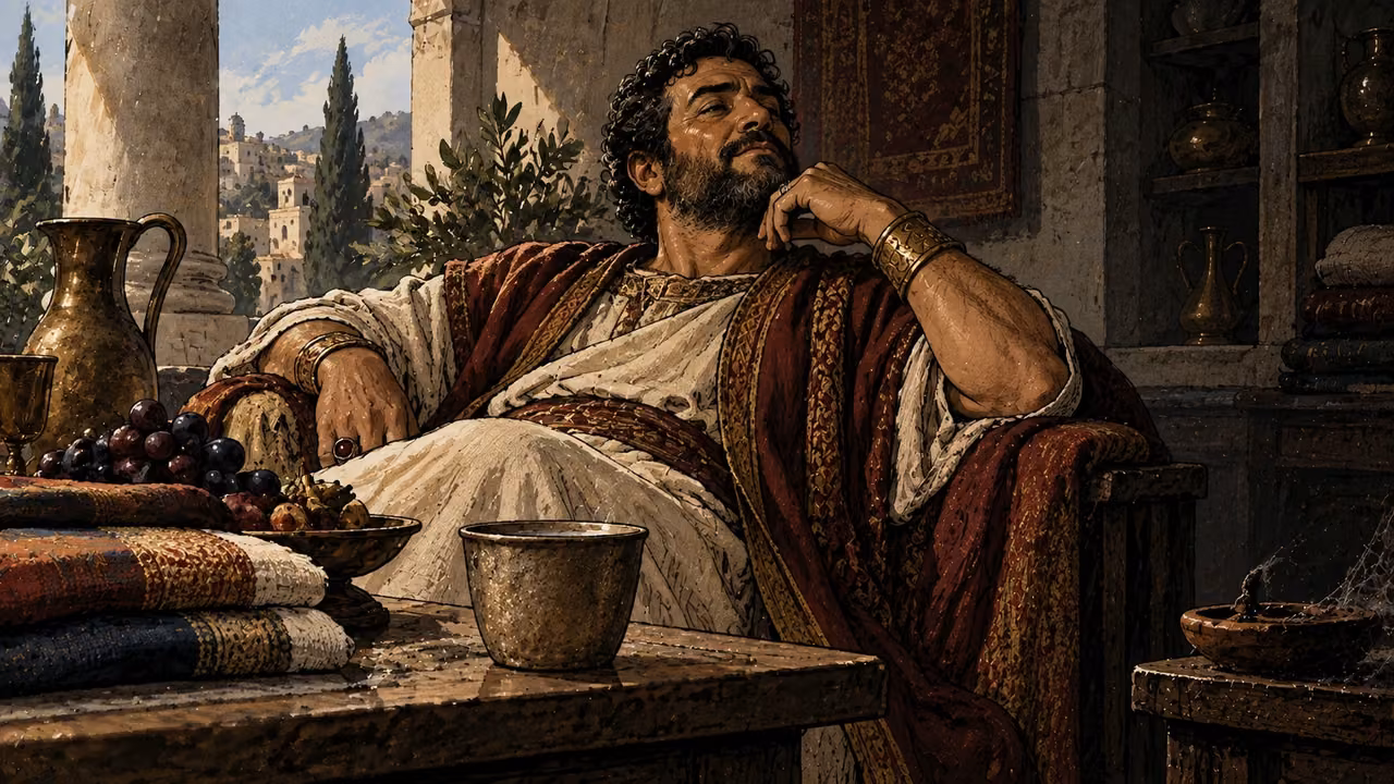 A comfortable householder sits among fine goods while a lamp lies neglected.