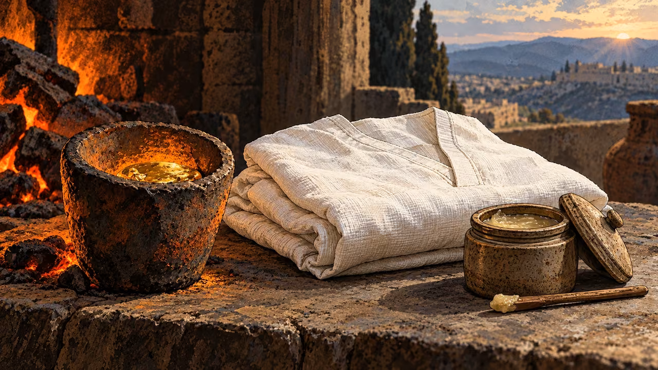Refined gold, white linen and a small salve vessel rest on a table.