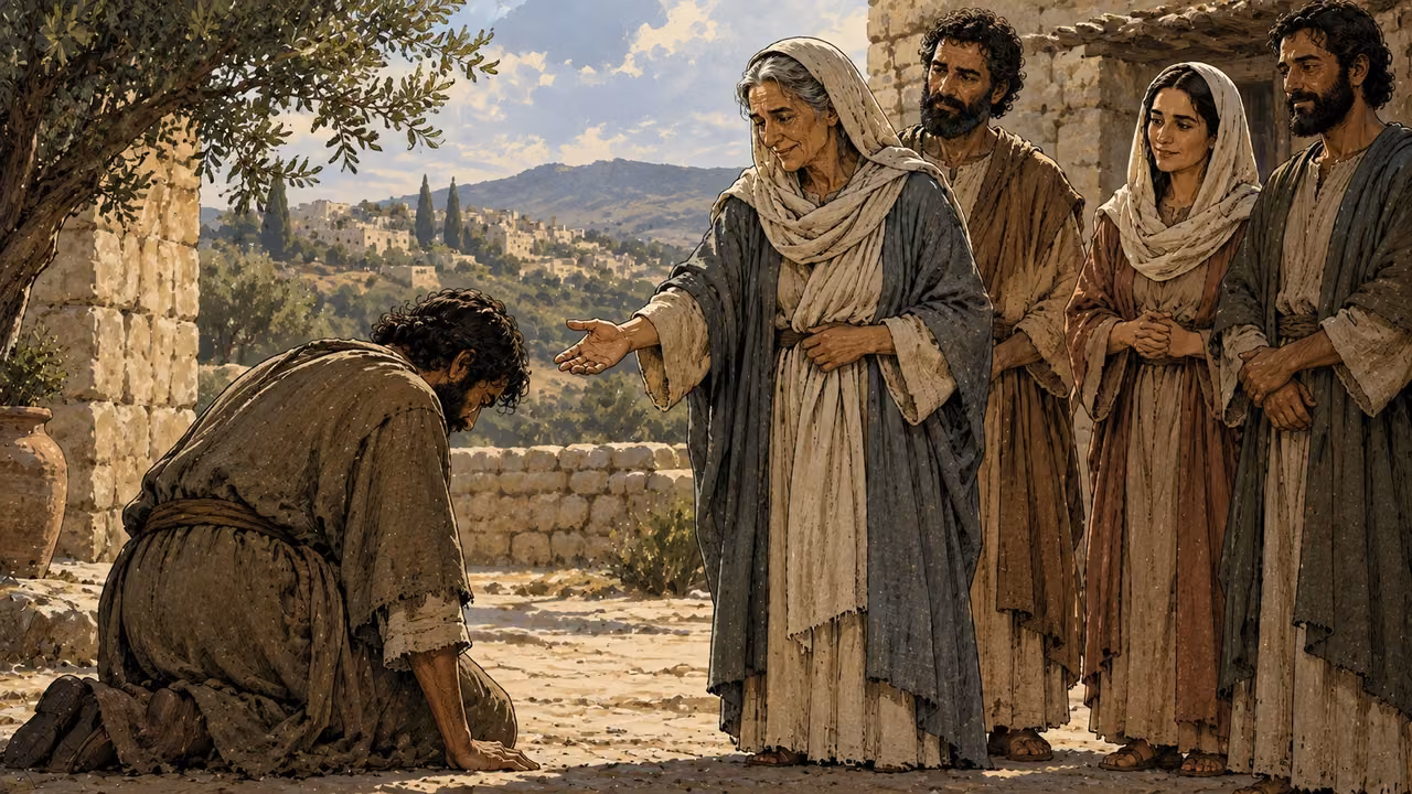 A kneeling man acknowledges a small community whose elder extends a gentle hand.