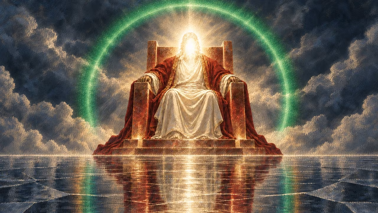 An occupied radiant throne is encircled by an emerald-green bow.