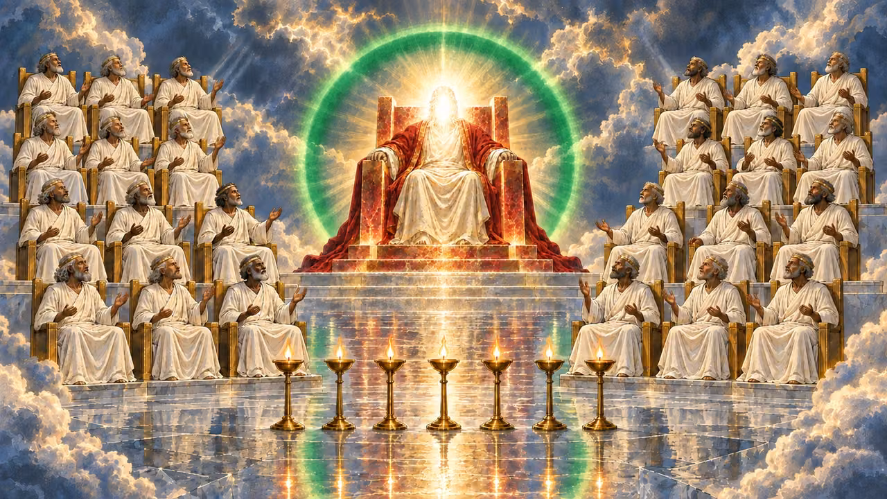 Twenty-four crowned elders sit around the central throne, before which seven lamps burn.