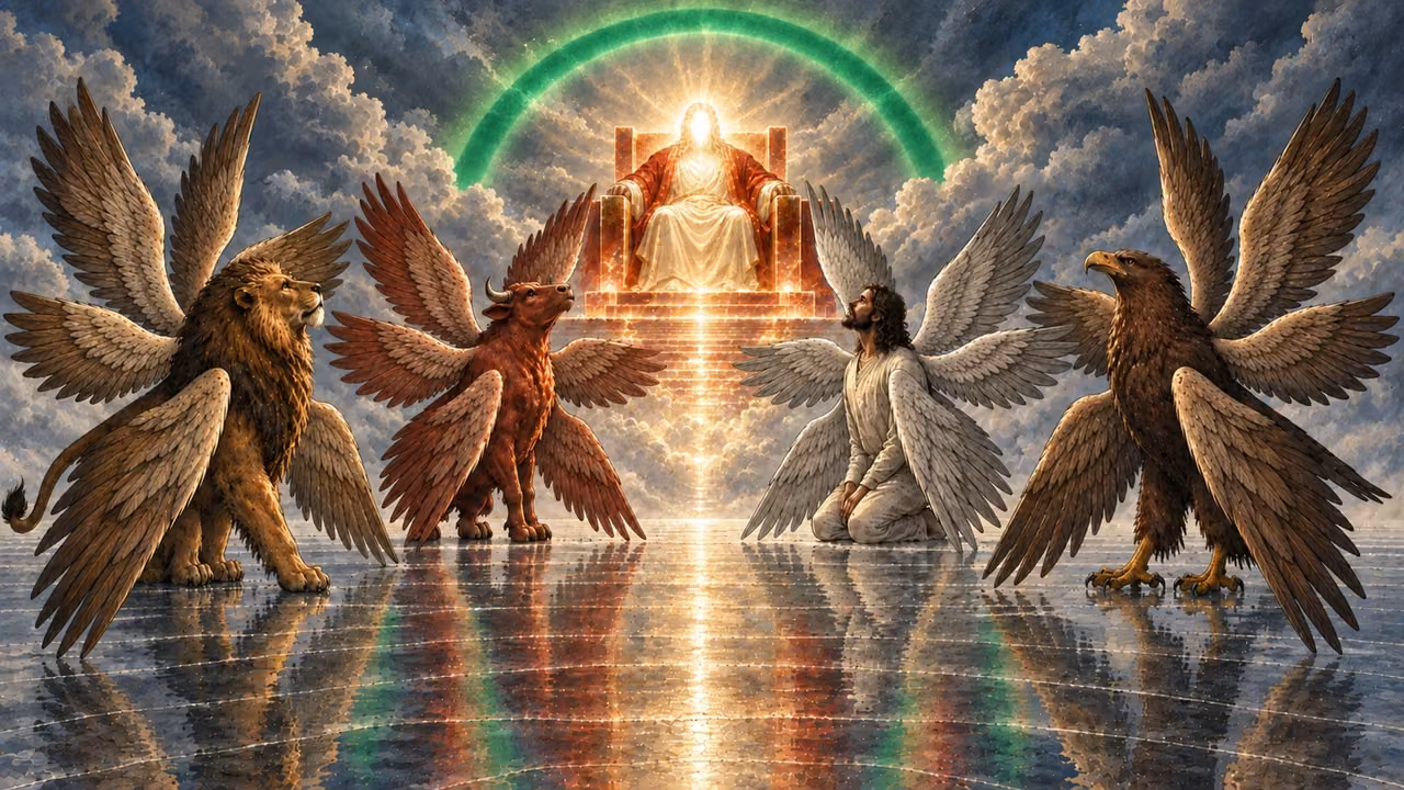 Four six-winged creatures attend the throne above a crystal-like expanse.