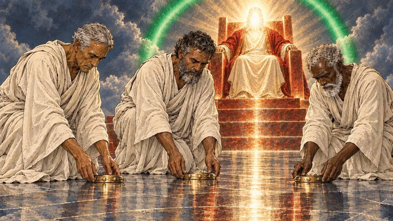 A close view of elders lowering their crowns before the throne.