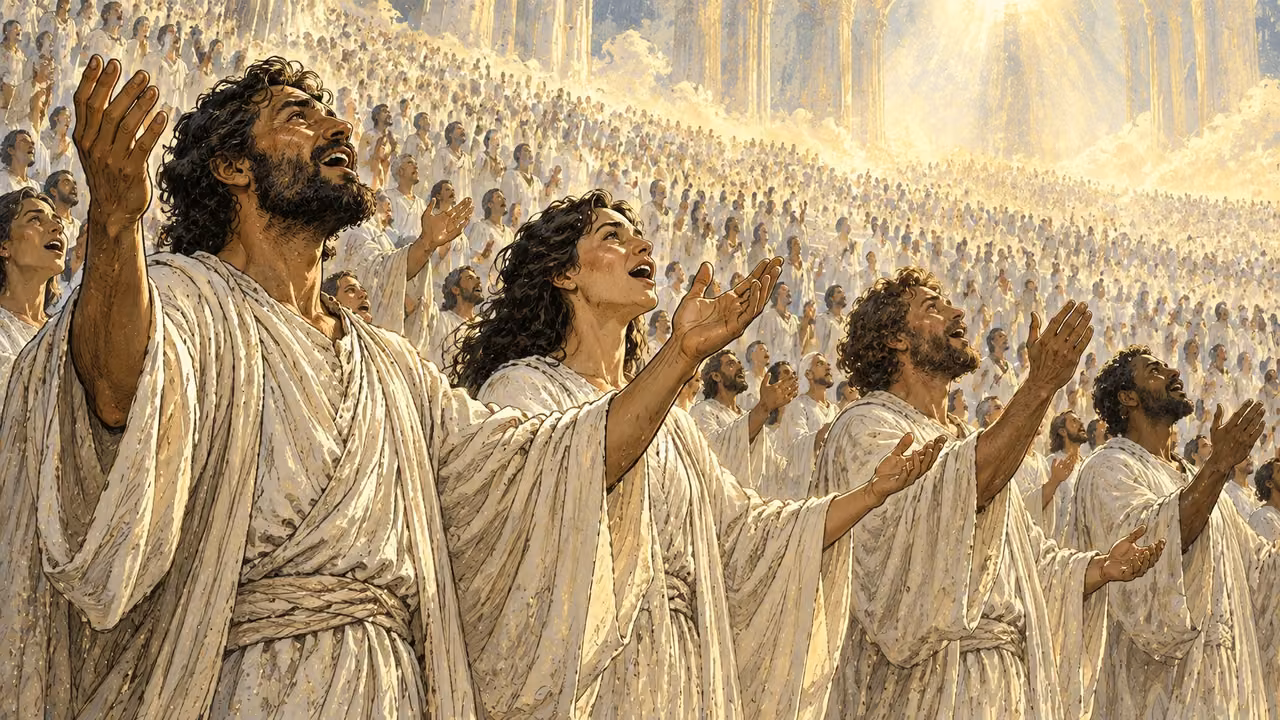 A vast multitude of angelic worshippers lifts praise.