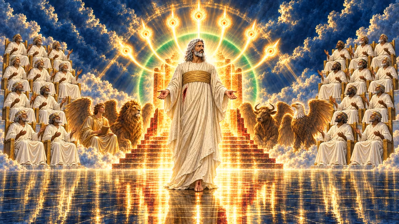 Jesus, portrayed as the slain Lamb with visible wounds, stands among the four living creatures and surrounding elders beneath seven radiant spirits.