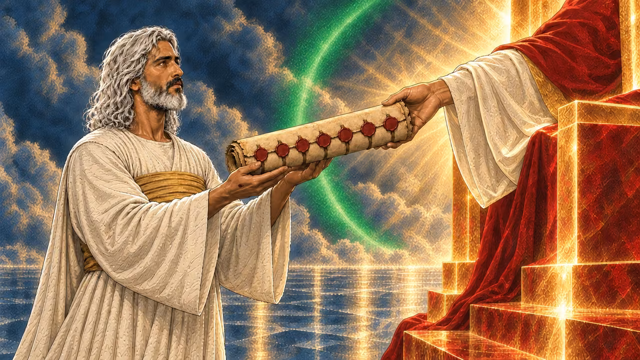 Christ receives the seven-sealed scroll in a human-form interpretation of the Redeemer.