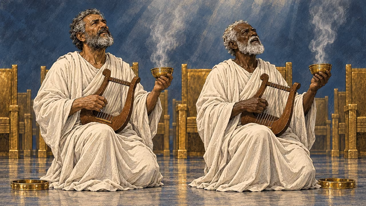 Two elders kneel with lyres and golden bowls of incense.