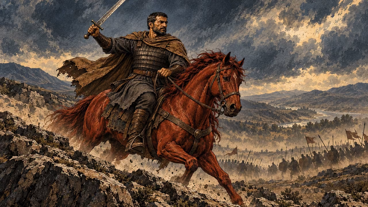The rider on a red horse raises a great sword above a valley of armed groups.