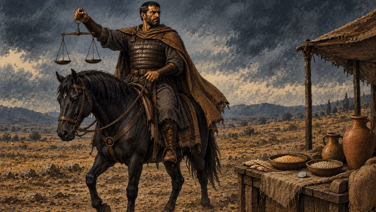 A rider on a black horse holds scales beside grain and intact clay vessels.