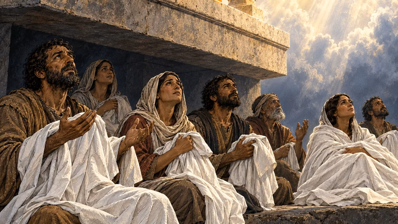 Martyrs beneath the altar hold white robes and look upward in appeal.