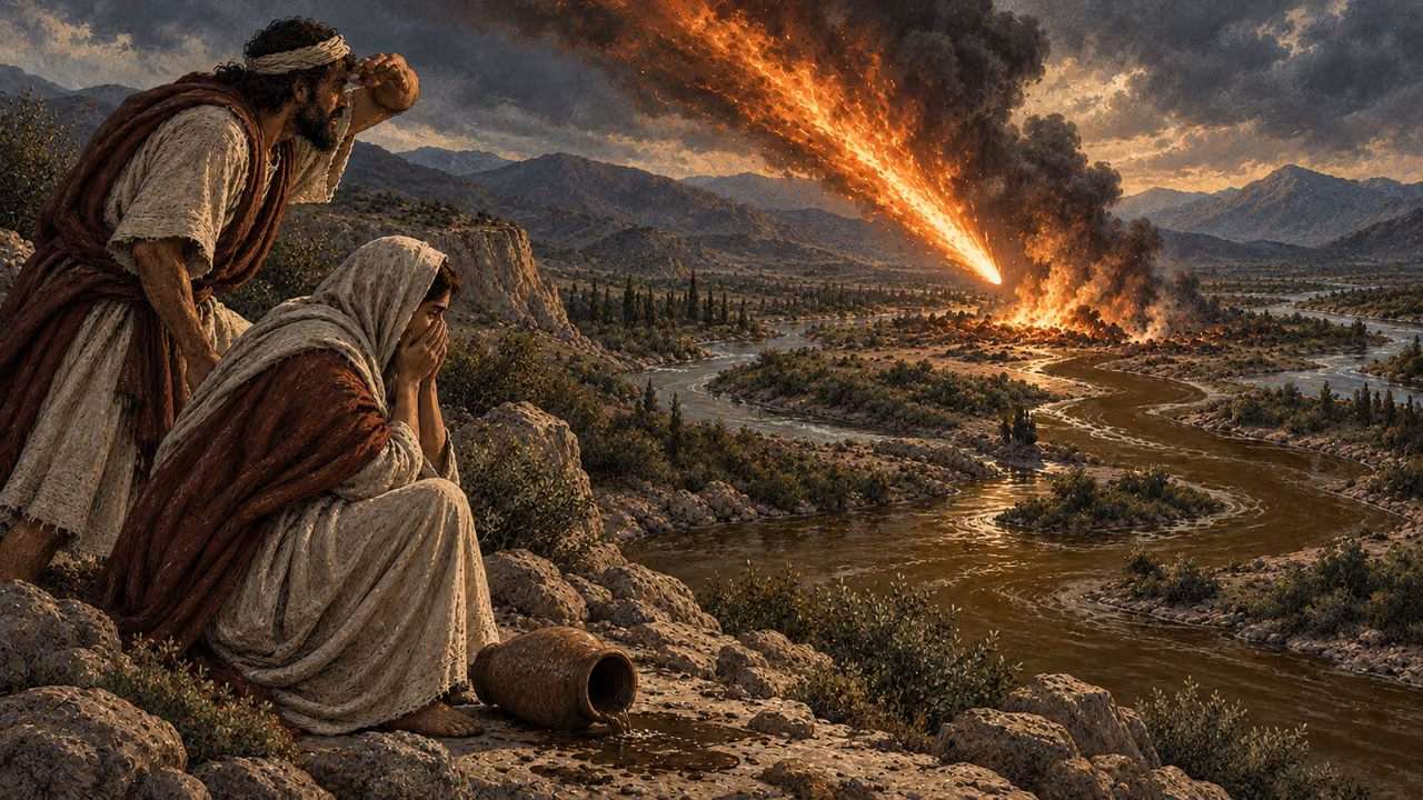 A fiery star falls toward rivers as two people recoil from tainted water.