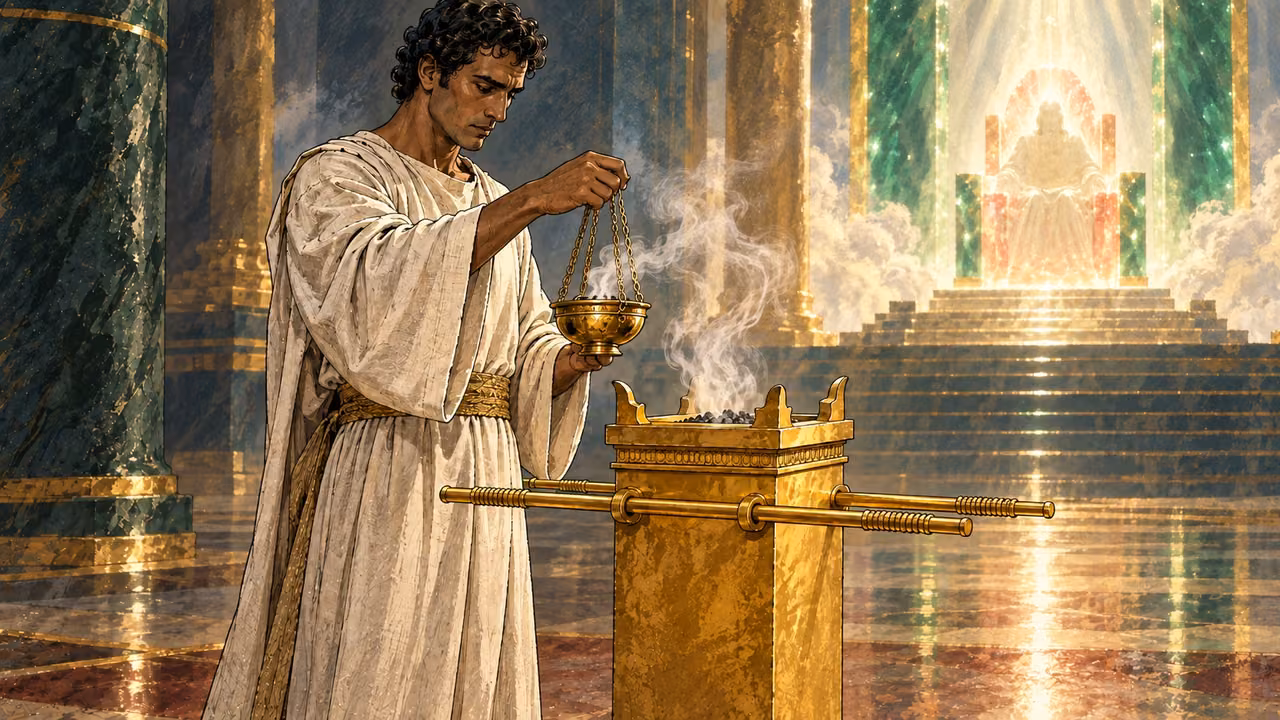 An angel holds a golden censer beside the golden altar as incense rises before the throne.