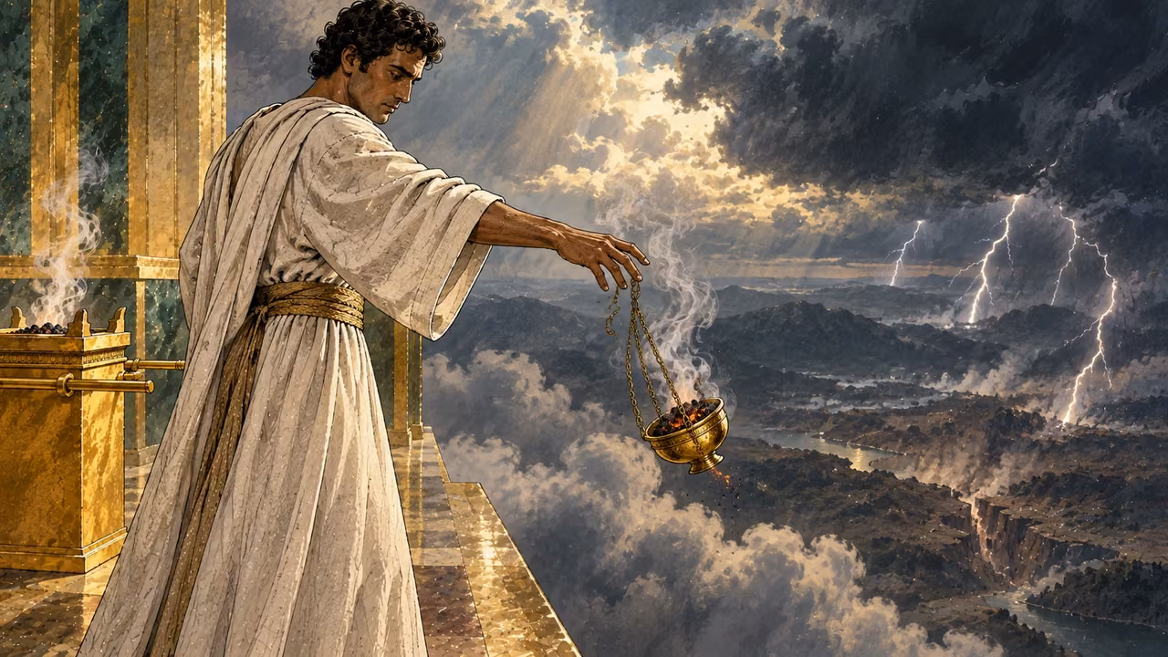 The angel releases a censer of burning coals toward the earth as lightning flashes below.