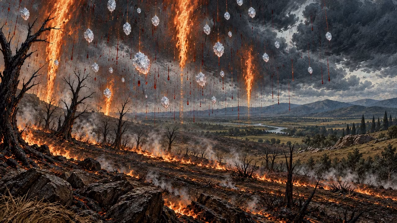 White hail and fire mixed with red streaks fall over burned trees and grass, with distant land beyond.