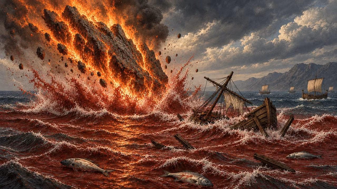 A burning mountain-like mass strikes the sea near a wrecked wooden ship.