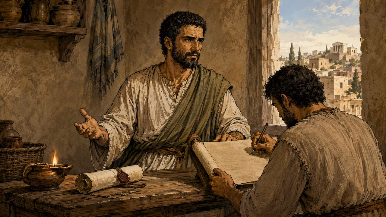 Paul dictates the opening of his letter to a scribe in a modest first-century room.