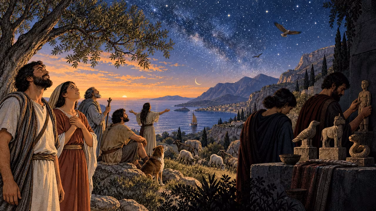 People look across sea, mountains, animals, and stars while others turn toward small handmade images.