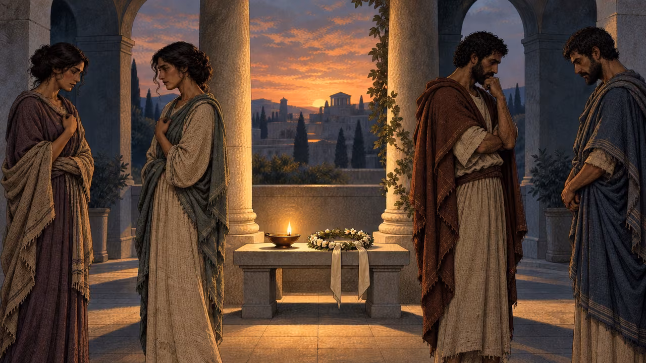 Two women and two men face one another at respectful distances around an unattended covenant garland and lamp.