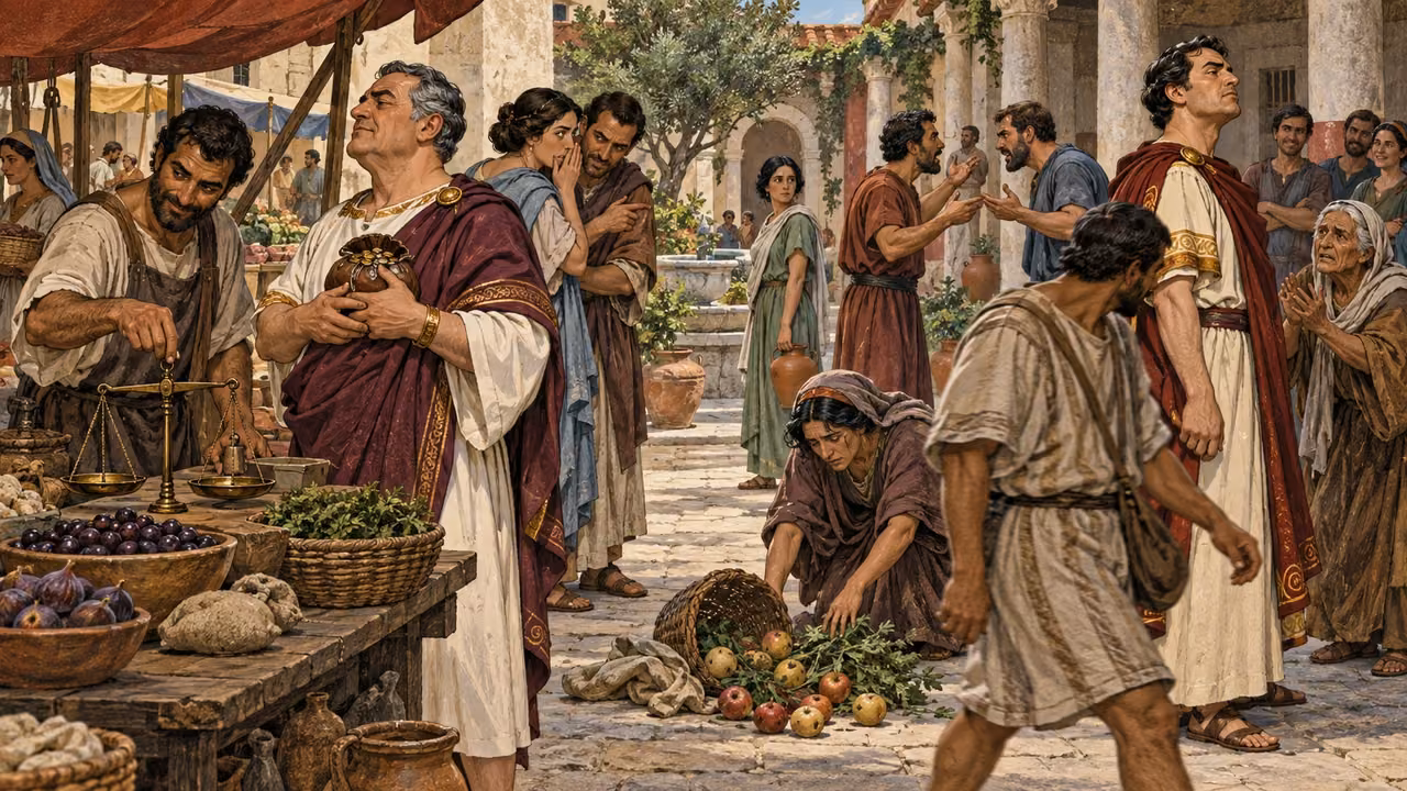 A marketplace community fractures through dishonest trade, greed, whispering, quarrel, pride, and withheld help.