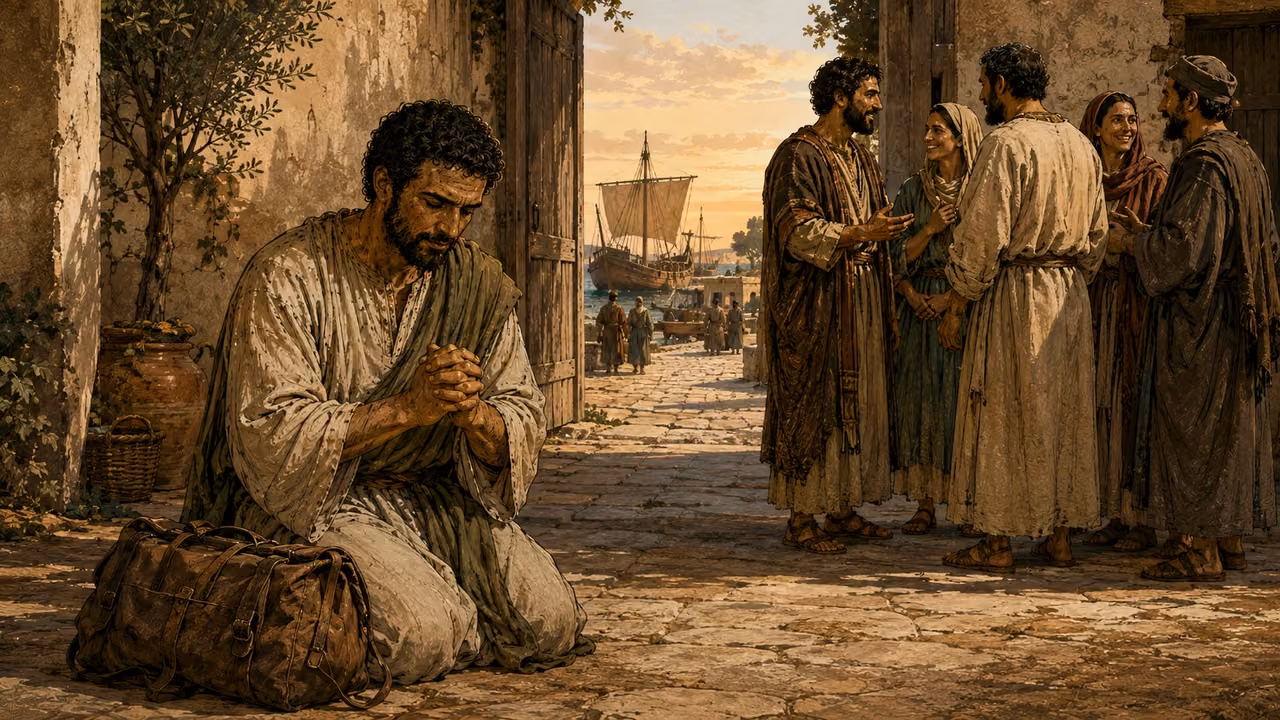 Paul prays beside a packed travel satchel while believers encourage one another near a harbor road.