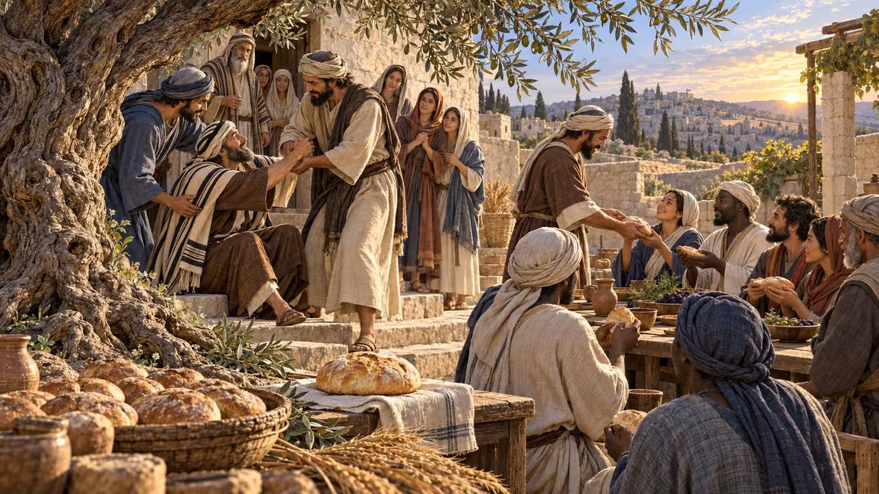 A stumbled traveler is helped upright as Gentile guests receive bread beside the first loaf and a living olive root.