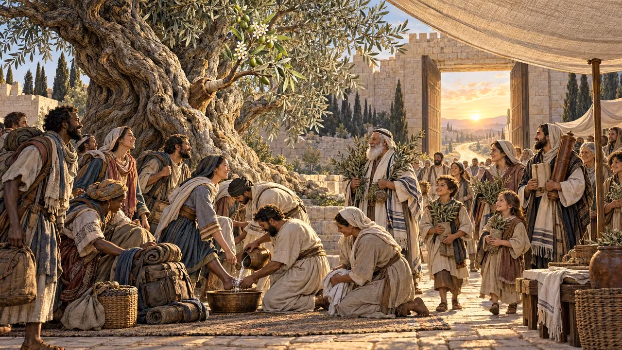 Jewish and Gentile processions converge humbly beside a blooming regraft and a plain open gate of Zion.