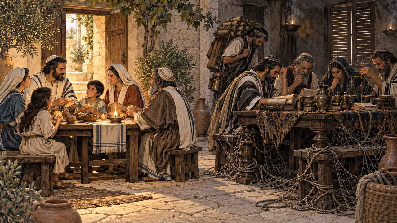Two tables from one community contrast open bread and light with tangled cords, smoky lamps, and burdensome weights.