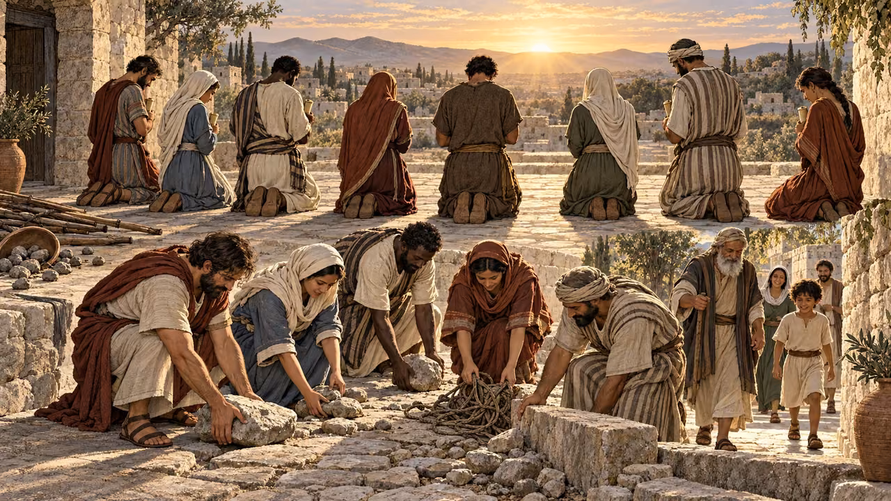 Believers kneel equally with personal account scrolls, then clear stones and cord from a public path.
