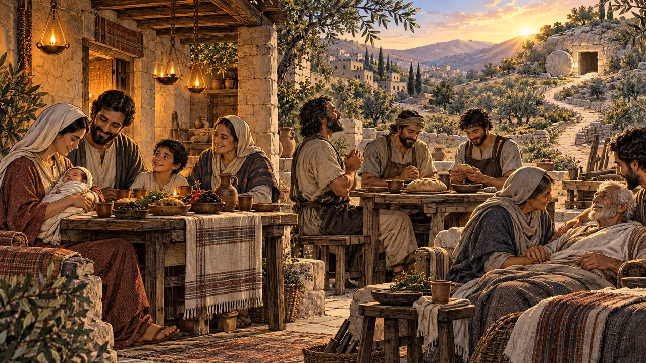 Neighboring households give thanks through different patterns of day observance beside a newborn, a living elder, and a distant empty tomb.