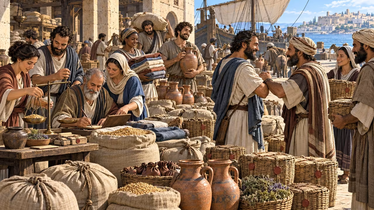 A mixed committee prepares practical relief goods and greets Jerusalem messengers as peers beside a waiting ship.