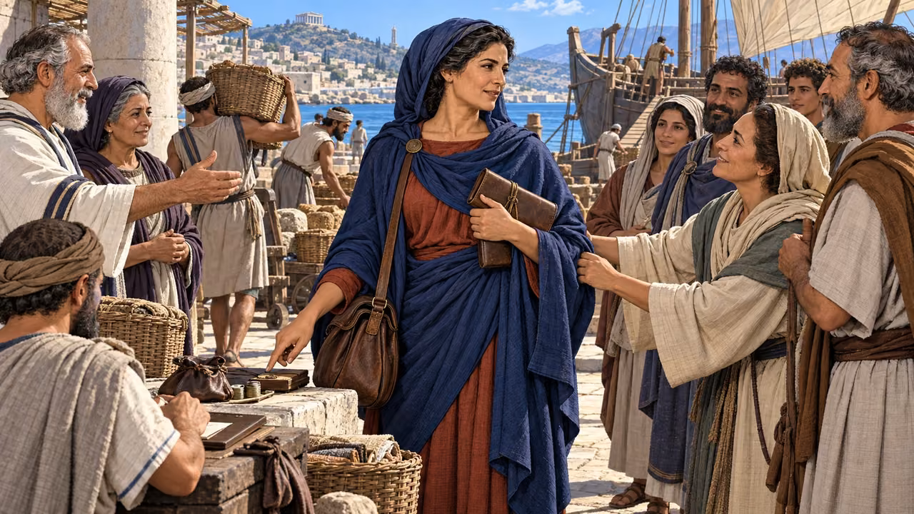 Phoebe stands at Cenchreae with a sealed letter case, travel satchel, and relief work as elders commend her.
